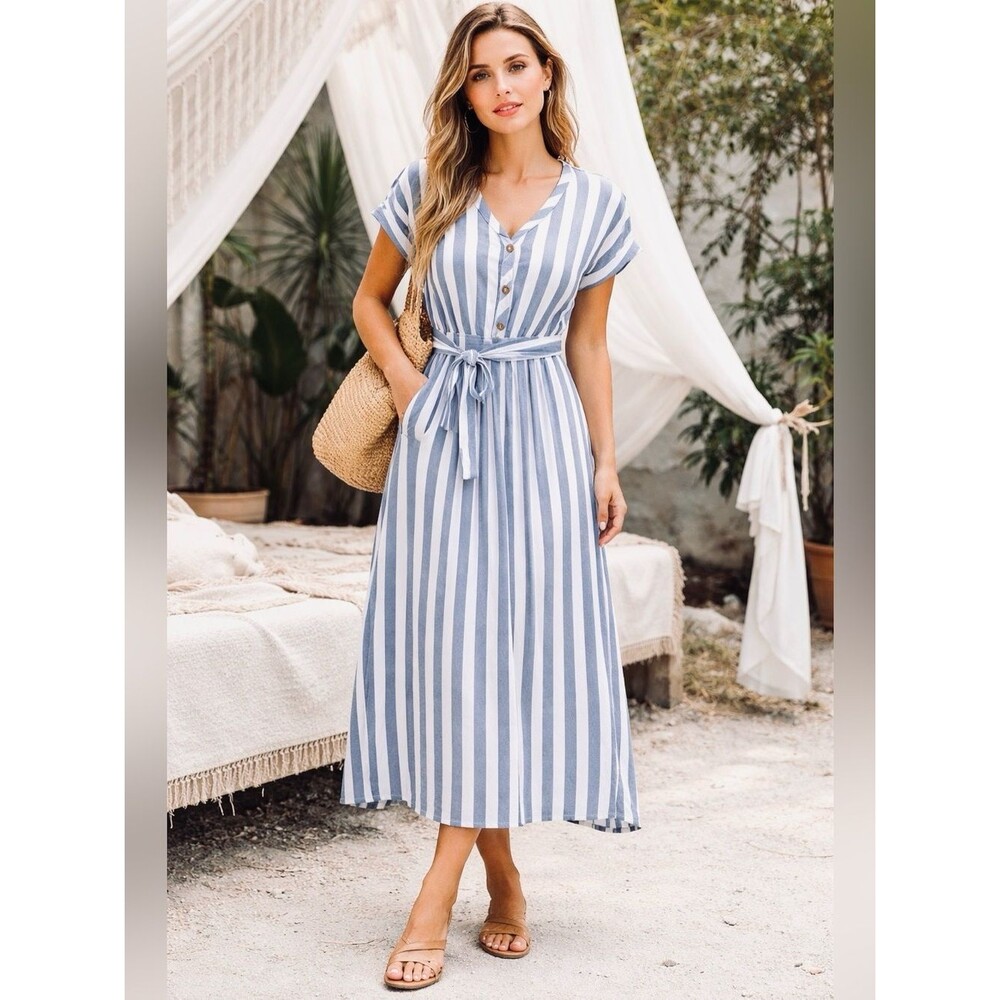 Citrus & Lemon Striped Button Front Dress Rayon Full Lined M Women's NWT…